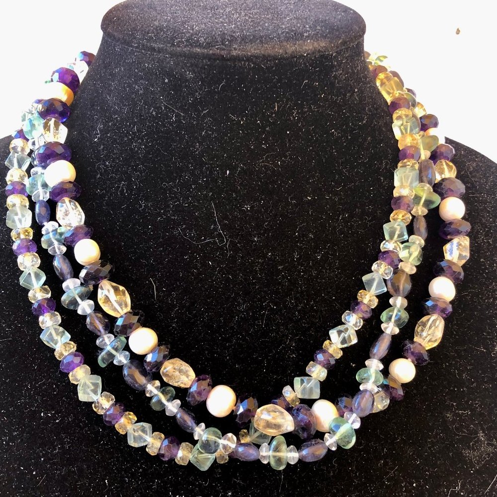 Triple Strand Necklace Beads + Stones + Fresh Water Pearls Sterling Clasp